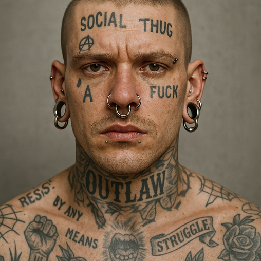 Retrato hiperrealista de un hombre con tatuajes faciales, piercings y expresión seria.