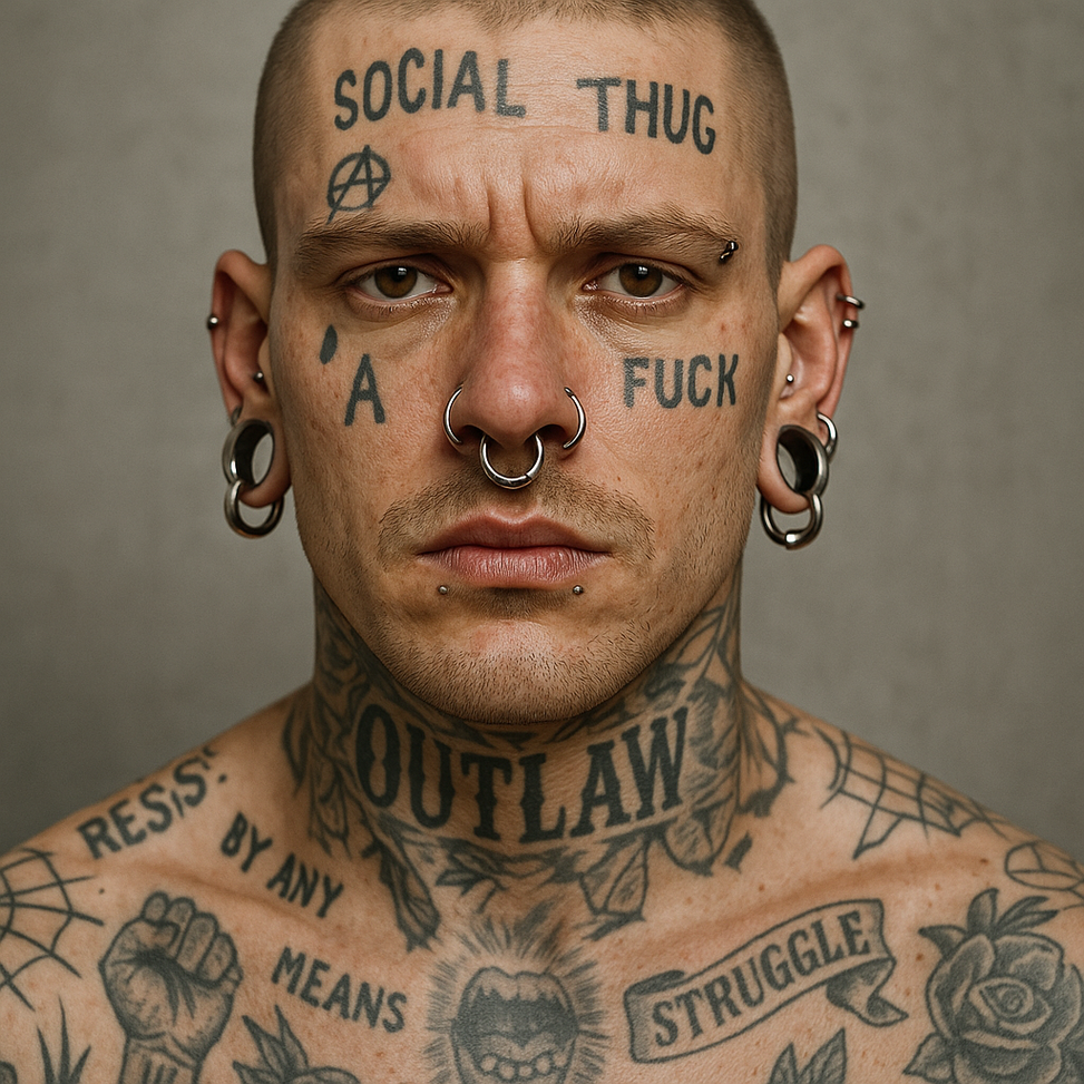 Retrato hiperrealista de un hombre con tatuajes faciales, piercings y expresión seria.