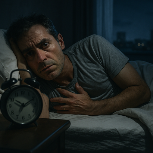 Hombre con insomnio y estrés nocturno que afecta a la presión arterial.