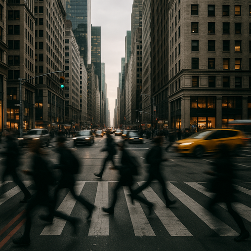Personas desenfocadas cruzan un paso de cebra entre rascacielos con tráfico y luz gris; metáfora de una sociedad cansada y sin rumbo.