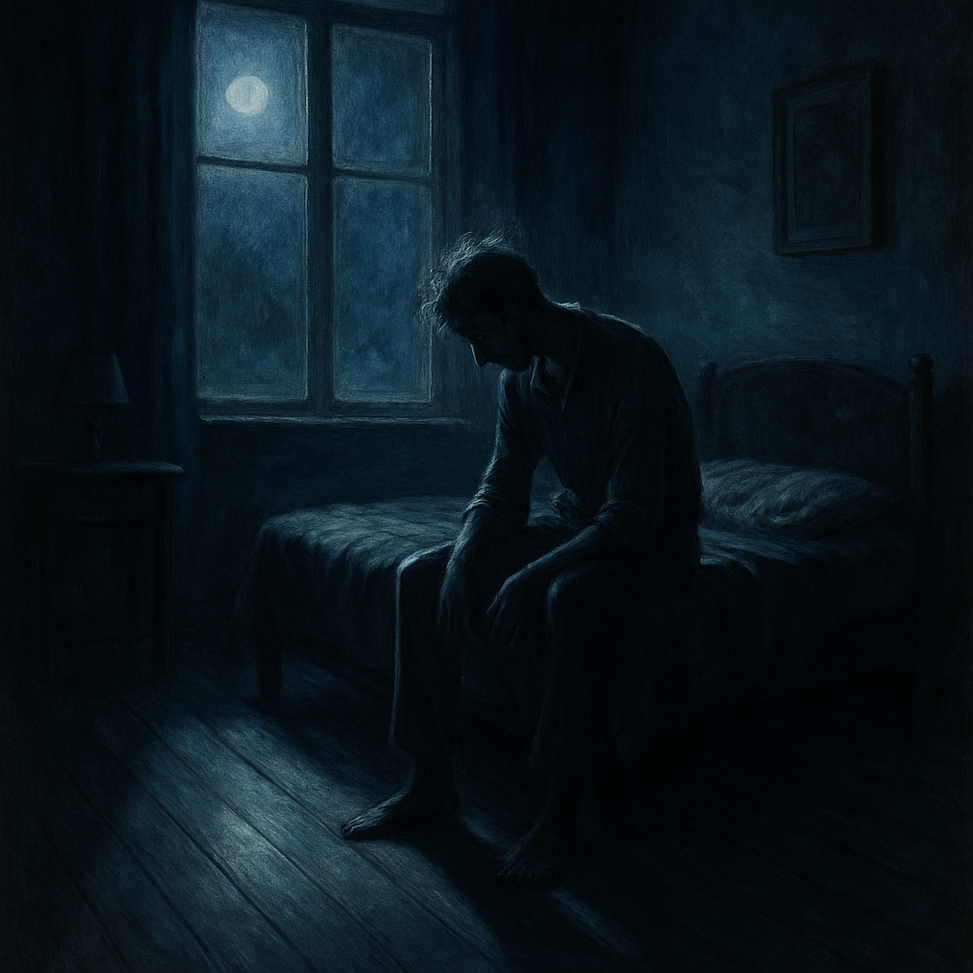 Hombre sentado en la penumbra de su habitación iluminada por la luna, símbolo de soledad y fragilidad humana.