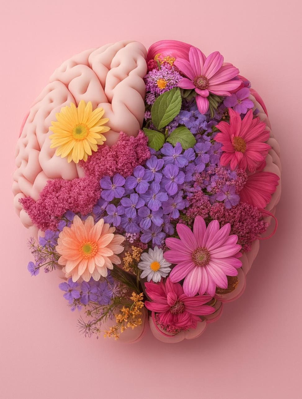 Cerebro humano mitad anatómico y mitad cubierto de flores coloridas, simbolizando la salud mental, la esperanza y el florecimiento interior.
