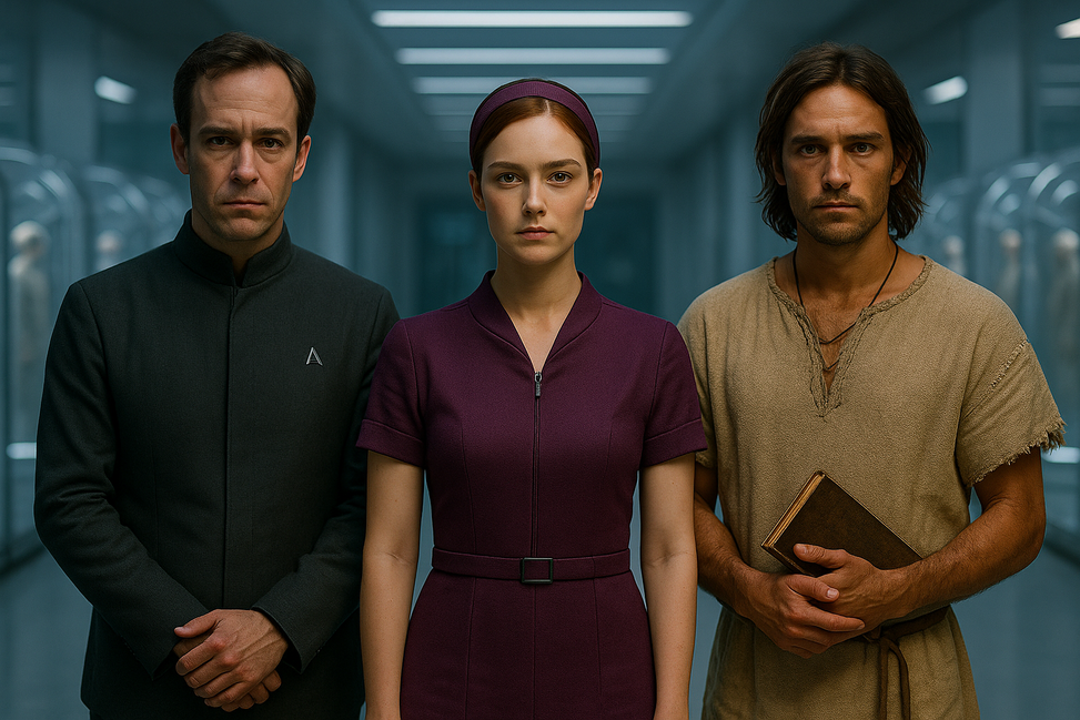 Tres personajes de Un mundo feliz —Lenina, Bernard y John— miran de frente en un laboratorio futurista, símbolo de la tensión entre control, placer y libertad.