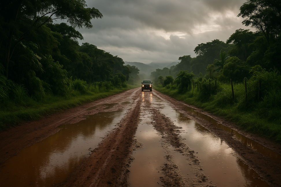Camioneta por un camino de tierra roja con charcos tras la tormenta; vegetación densa y cielo gris con rajas de luz.