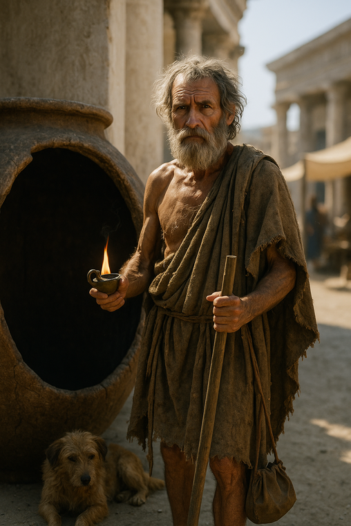 Retrato realista de Diógenes de Sinope junto a su gran pithos en la antigua ágora, con lámpara, bastón y su perro descansando a los pies.