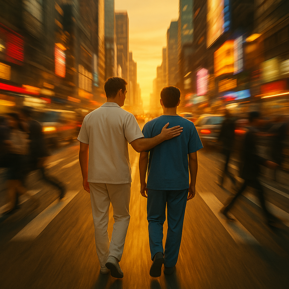 Enfermero en blanco acompaña con la mano en el hombro a un paciente con pijama azul caminando serenos por una gran ciudad al atardecer, rodeados del caos urbano y el movimiento acelerado de la vida diaria.