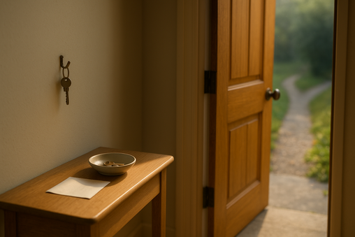 Interior cálido con una puerta de madera entreabierta que deja pasar la luz de la mañana. En una mesa cercana reposan unas llaves y una nota. Al fondo, un sendero se divide en dos caminos bajo la luz suave del amanecer.