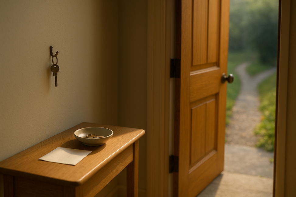 Interior cálido con una puerta de madera entreabierta que deja pasar la luz de la mañana. En una mesa cercana reposan unas llaves y una nota. Al fondo, un sendero se divide en dos caminos bajo la luz suave del amanecer.