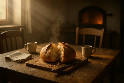 Pan redondo recién horneado, partido sobre una tabla en mesa de madera, dos tazas al lado y horno encendido al fondo, luz cálida lateral.