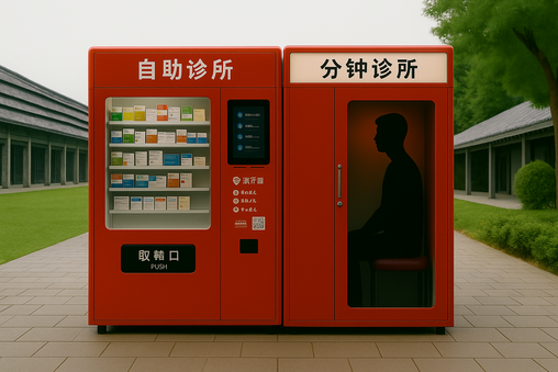 Cabina médica automatizada y dispensador de medicamentos en una calle de China, simbolizando la deshumanización tecnológica en la atención sanitaria.