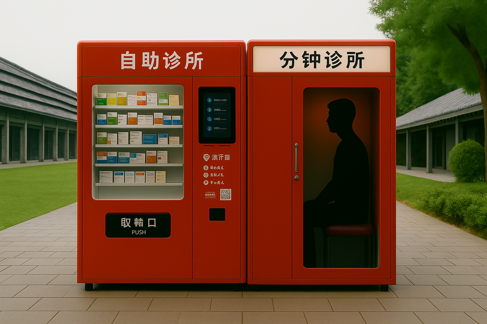 Cabina médica automatizada y dispensador de medicamentos en una calle de China, simbolizando la deshumanización tecnológica en la atención sanitaria.