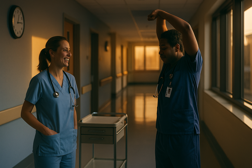 Dos profesionales sanitarios conversan al amanecer en un pasillo de hospital, simbolizando diferentes cronotipos y la importancia de respetar los ritmos biológicos en el trabajo.