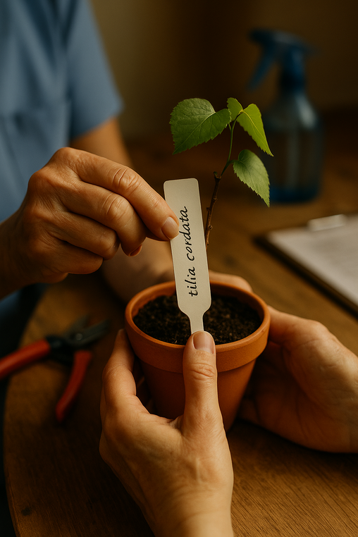 Primer plano de manos —sanitaria y paciente— etiquetando una maceta con “tilia cordata” sobre mesa de madera, luz cálida lateral.