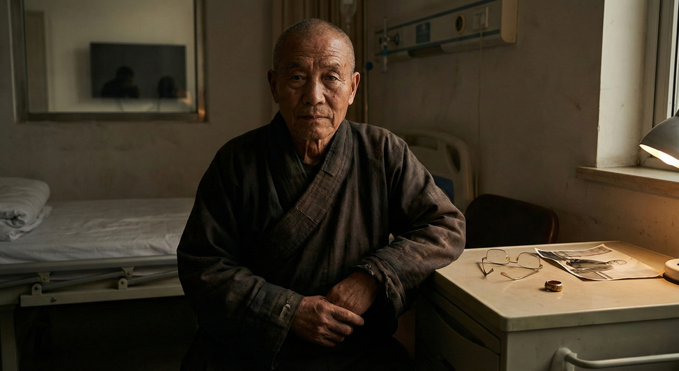 Retrato de un hombre mayor de rasgos asiáticos sentado en una habitación de hospital, con expresión serena y objetos personales sobre la mesilla.