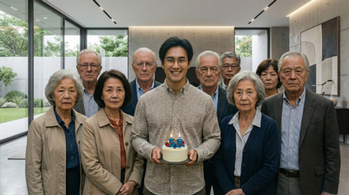 Hombre de aspecto muy joven sosteniendo una tarta de cumpleaños con el número 58, sonriendo en el centro de un salón moderno, rodeado por personas mayores con gesto serio.