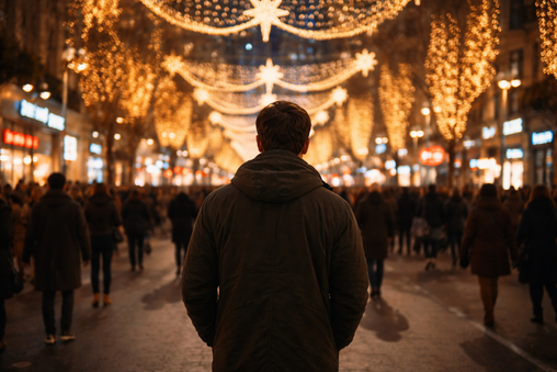 Persona de espaldas en una avenida con luces de Navidad, ajena al ambiente festivo y rodeada de gente.