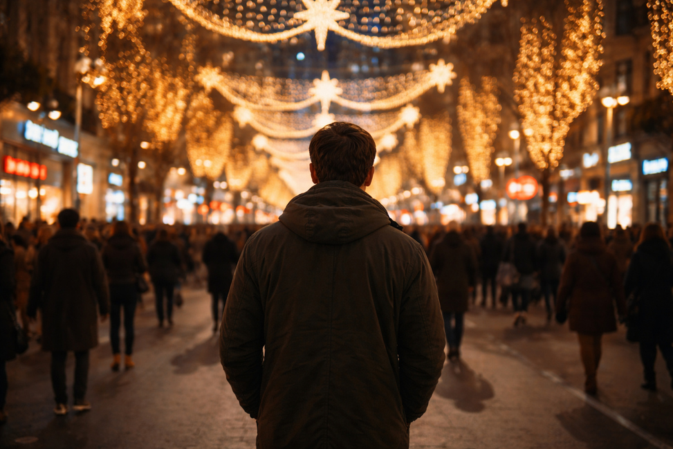 Persona de espaldas en una avenida con luces de Navidad, ajena al ambiente festivo y rodeada de gente.