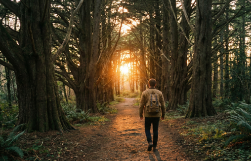 Hombre de espaldas caminando por un sendero en el bosque al atardecer, rodeado de árboles altos y luz cálida al fondo, en una escena de calma y búsqueda interior.