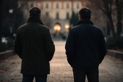 Dos hombres de espaldas conversan en silencio una tarde de invierno en Madrid, imagen simbólica del perdón como acto interior y liberador.