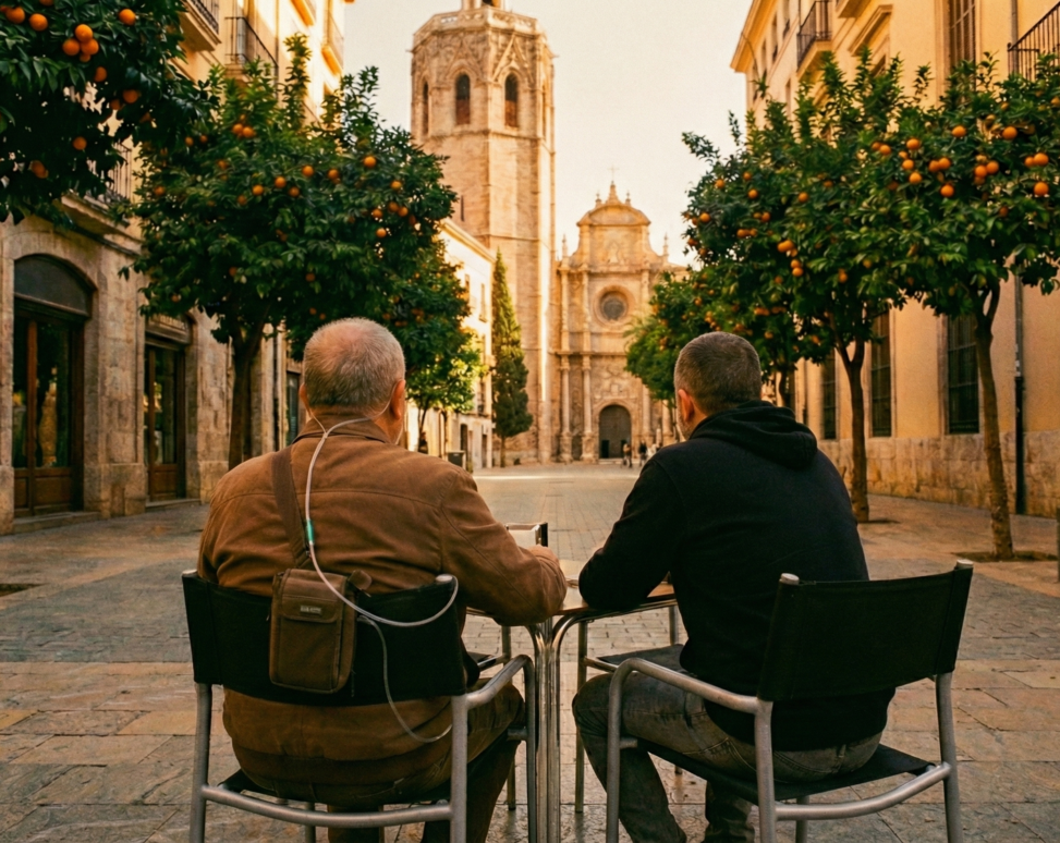 Dos hombres sentados de espaldas en una terraza de primavera conversan en silencio; uno de ellos lleva oxígeno portátil, en una calle mediterránea tranquila.
