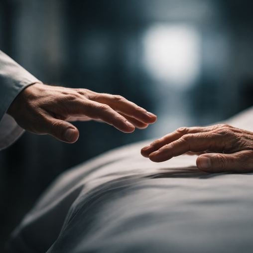 Mano de un profesional sanitario y mano de un paciente a centímetros sin tocar, simbolizando la frontera entre atender y cuidar.