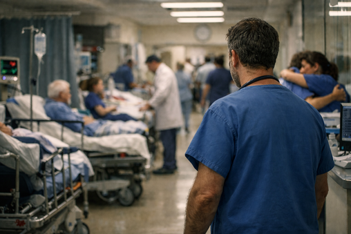 Profesional sanitario de espaldas en un pasillo de urgencias con camillas y pacientes, mientras el equipo trabaja al fondo.