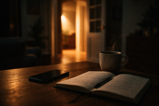 Móvil sobre mesa junto a libreta y café humeante, con puerta entreabierta al fondo (la pausa antes de decidir).