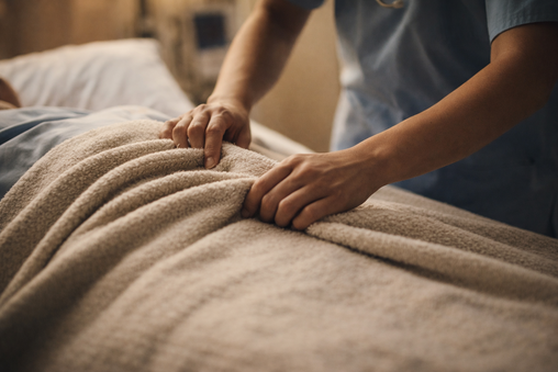 Manos de profesional sanitario colocando una manta beige con cuidado sobre un paciente en cama, sin mostrar rostro.