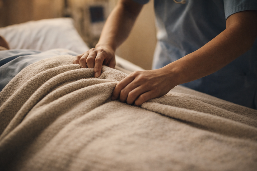 Manos de profesional sanitario colocando una manta beige con cuidado sobre un paciente en cama, sin mostrar rostro.