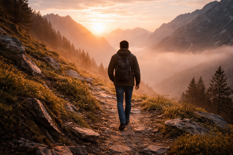 Persona caminando de espaldas por una senda de montaña al amanecer, símbolo de presencia, sentido y camino vital