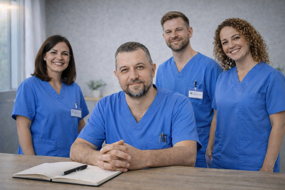 Equipo de profesionales sanitarios con uniforme azul en actitud cercana y profesional