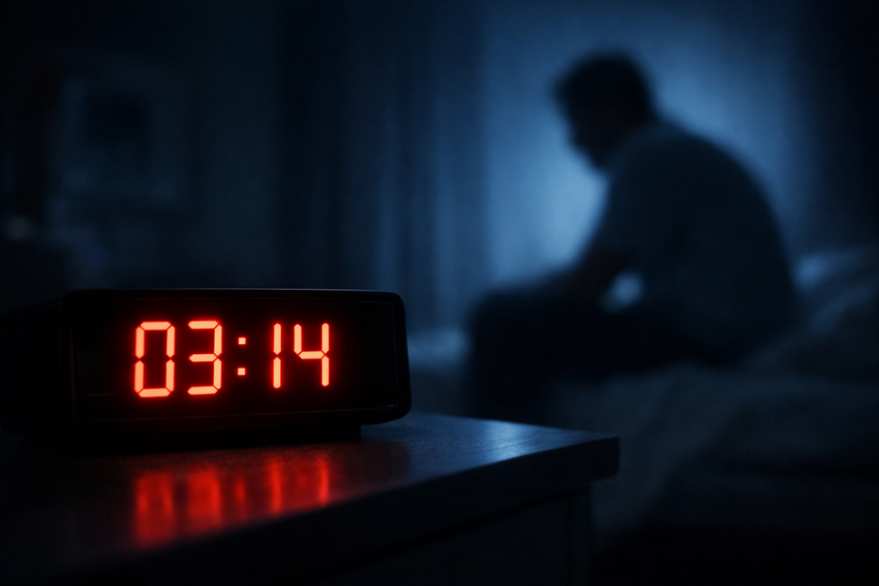 Reloj digital marcando las 03:14 en primer plano y figura humana sentada en la cama, desenfocada al fondo, en una habitación oscura.