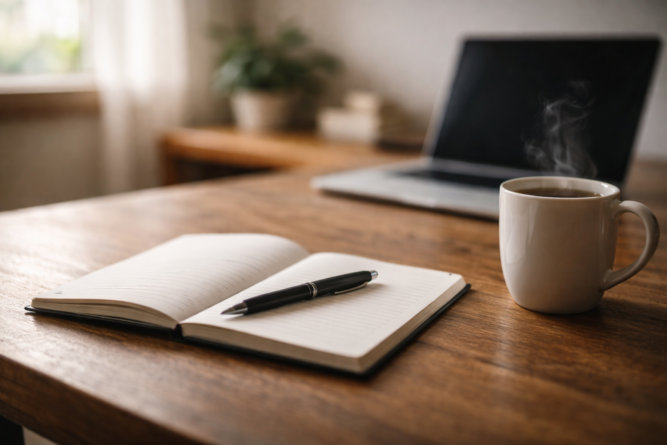 Cuaderno y portátil en un espacio tranquilo que invita a escribir y comunicarse