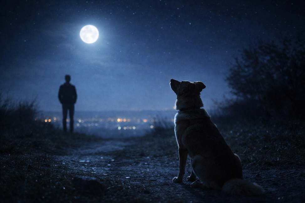 Perro observando la luna de noche mientras una figura humana permanece al fondo, simbolizando la diferencia entre vivir el presente y habitar el tiempo