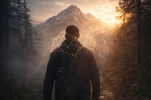 Figura solitaria caminando por un bosque entre niebla hacia una montaña al fondo, con una estructura geométrica luminosa rompiéndose alrededor de su cabeza y hombros.