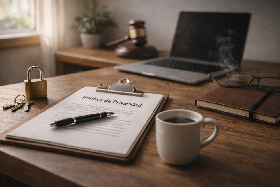 Documento de política de privacidad sobre una mesa con portátil, candado y taza de café en un entorno de trabajo profesional