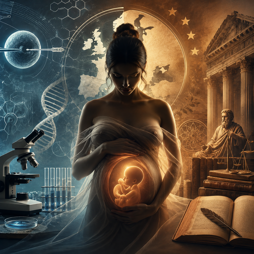 Ilustración cuadrada 1:1, estilo editorial premium, figura humana simbólica en el centro con luz suave sobre el vientre, a un lado elementos sutiles de biotecnología y reproducción asistida, al otro libros antiguos, columnas y símbolos abstractos de tradición moral europea, atmósfera profunda, elegante, sin texto, tonos cálidos y azules, composición ética y filosófica sobre gestación subrogada, secularización y dignidad humana