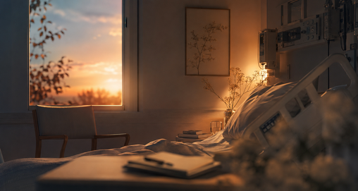 Habitación de hospital en penumbra con una cama vacía, una silla junto a la ventana y luz cálida de atardecer, evocando cuidado, dignidad y final de vida.