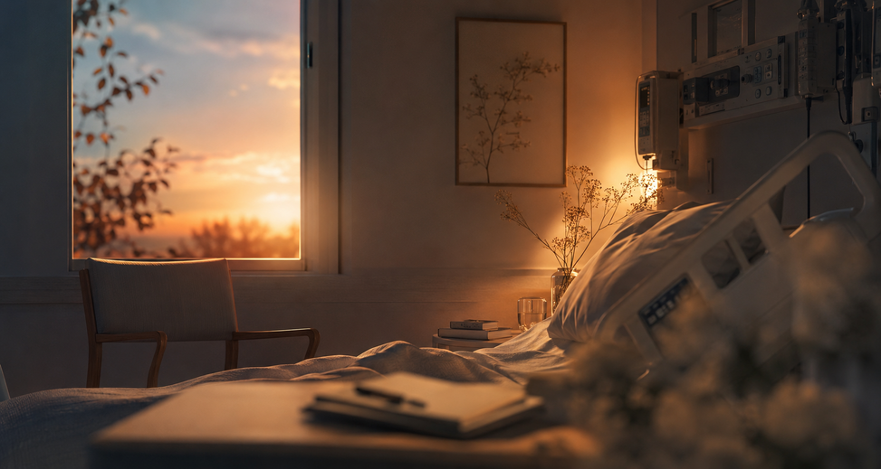 Habitación de hospital en penumbra con una cama vacía, una silla junto a la ventana y luz cálida de atardecer, evocando cuidado, dignidad y final de vida.