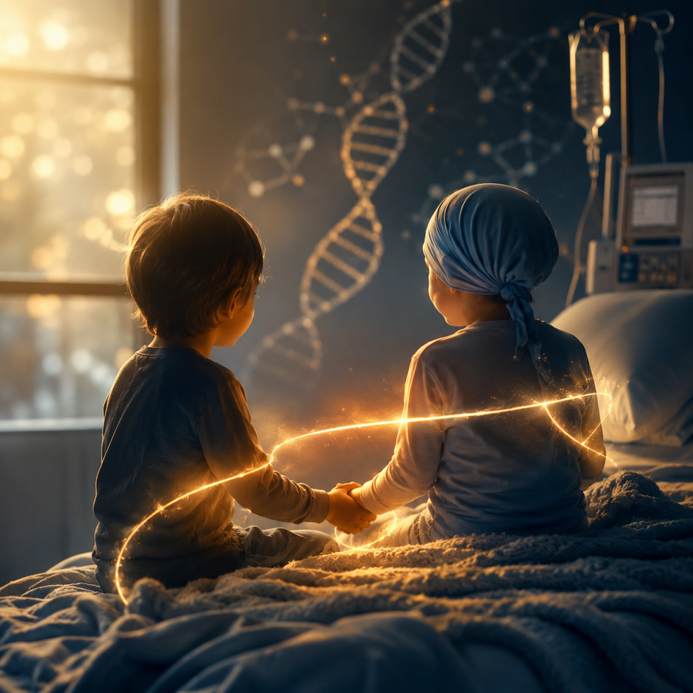 Dos niños sentados en una habitación de hospital se toman de la mano mientras una luz cálida los une, simbolizando esperanza, cuidado y dignidad.