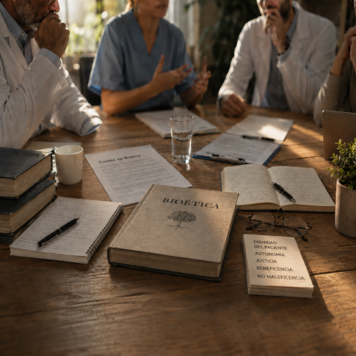Mesa de deliberación bioética con profesionales sanitarios, documentos, libros y principios de dignidad, autonomía y justicia