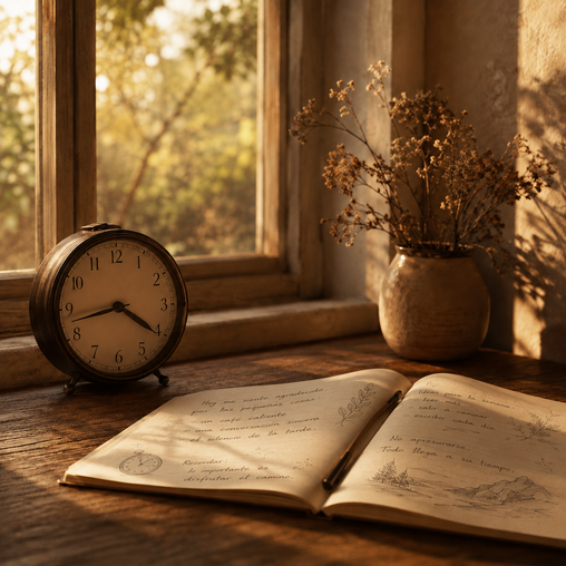 Reloj analógico junto a una libreta abierta con apuntes manuscritos, iluminados por la luz cálida de una ventana.