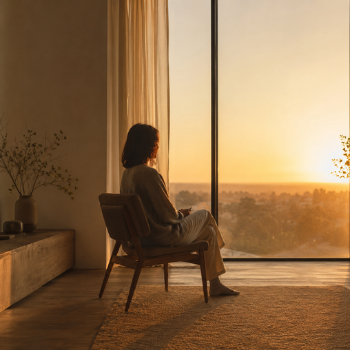 Persona sentada junto a una ventana amplia, mirando hacia una luz suave del amanecer, en un interior sereno de tonos cálidos.