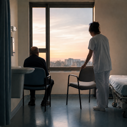 Profesional de enfermería acerca una silla para sentarse junto a un paciente en una habitación hospitalaria al amanecer. Tipo de imagen: Imagen sintética generada mediante inteligencia artificial. Dirección creativa y concepto: Diego Moya Sáez. Herramienta de generación: Generador de imágenes de OpenAI integrado en ChatGPT. Fecha de creación: 6 de agosto de 2026. Uso previsto: Imagen editorial para el Blog de Salud y Pensamiento. Naturaleza de la escena: Ficticia. No representa a pacientes, profesionales ni centros sanitarios reales.