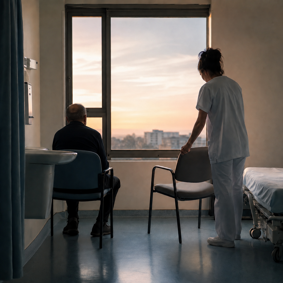 Profesional de enfermería acerca una silla para sentarse junto a un paciente en una habitación hospitalaria al amanecer. Tipo de imagen: Imagen sintética generada mediante inteligencia artificial. Dirección creativa y concepto: Diego Moya Sáez. Herramienta de generación: Generador de imágenes de OpenAI integrado en ChatGPT. Fecha de creación: 6 de agosto de 2026. Uso previsto: Imagen editorial para el Blog de Salud y Pensamiento. Naturaleza de la escena: Ficticia. No representa a pacientes, profesionales ni centros sanitarios reales.