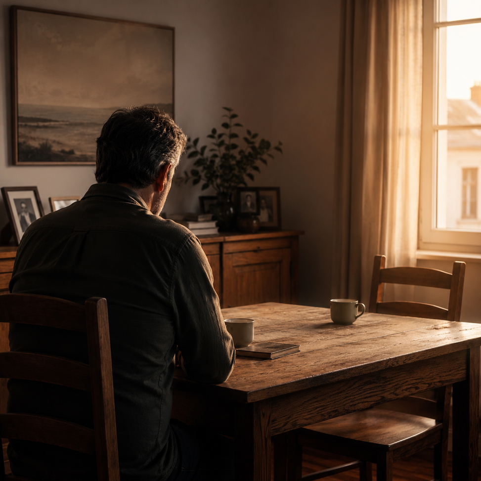 Hombre de mediana edad sentado ante una mesa con dos tazas y una silla vacía, iluminado por la luz cálida del atardecer.