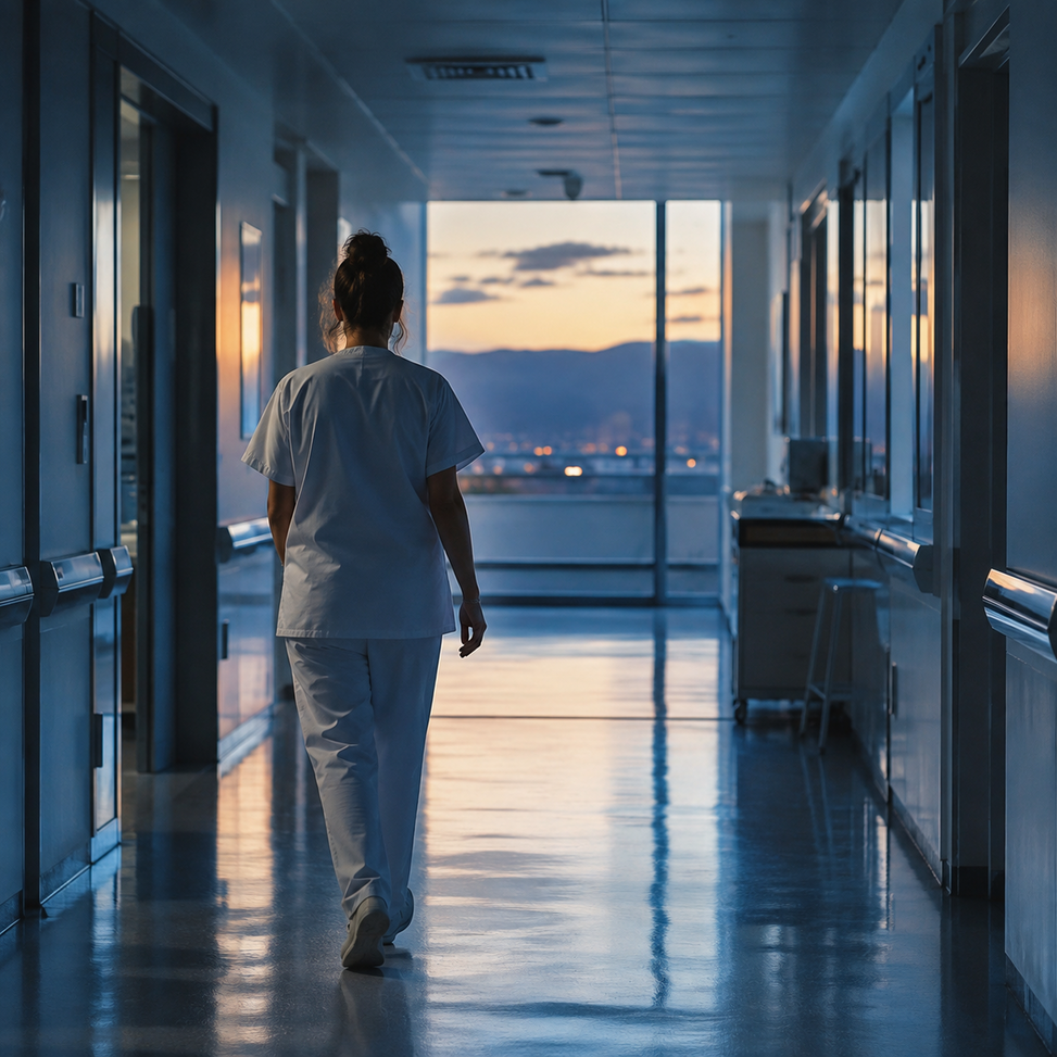 Profesional de enfermería al finalizar un turno nocturno en un hospital español. Descripción: Fotografía editorial sobria que represente el contraste entre el amanecer hospitalario y el agotamiento silencioso de quien termina una guardia, sin dramatización.