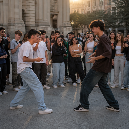 Jóvenes reunidos en una plaza mientras dos adolescentes participan en una batalla de aura rodeados de amigos.