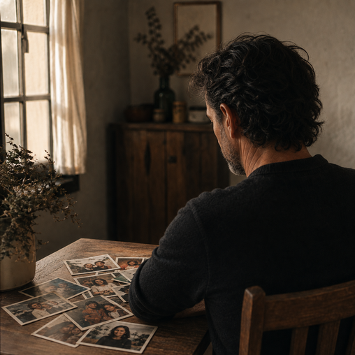 Persona adulta observando antiguas fotografías familiares sobre una mesa, símbolo de los patrones emocionales heredados.