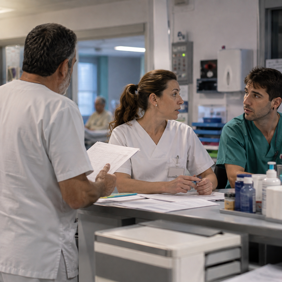 Enfermero hablando con una compañera que responde mirando a otro profesional durante un cambio de turno en un hospital.